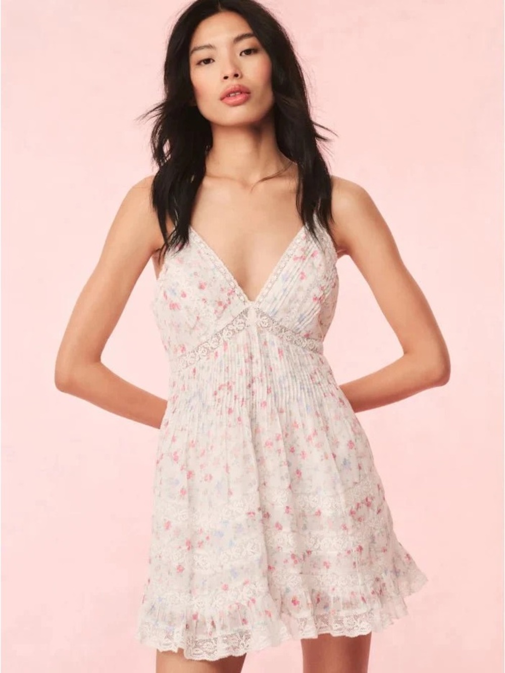 LoveShackFancy White Floral Lace-Trim Mini Dress